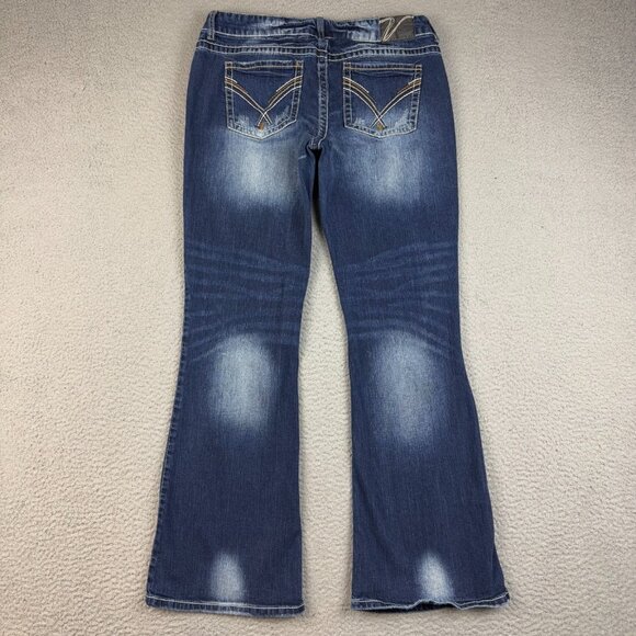 Womens Flare Leg Blue Y2K Jeans Dark Wash Faded 30x31 Mid Rise Hip Hugger Denim - Picture 2 of 6